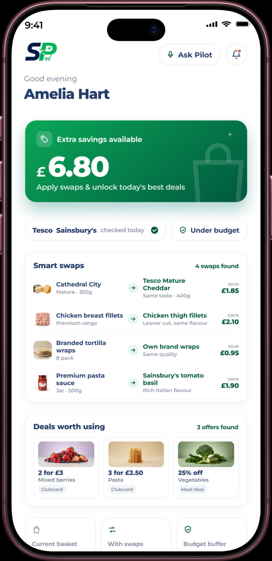 Spend Pilot smart swaps screen showing £6.80 of extra savings found across Tesco and Sainsbury's